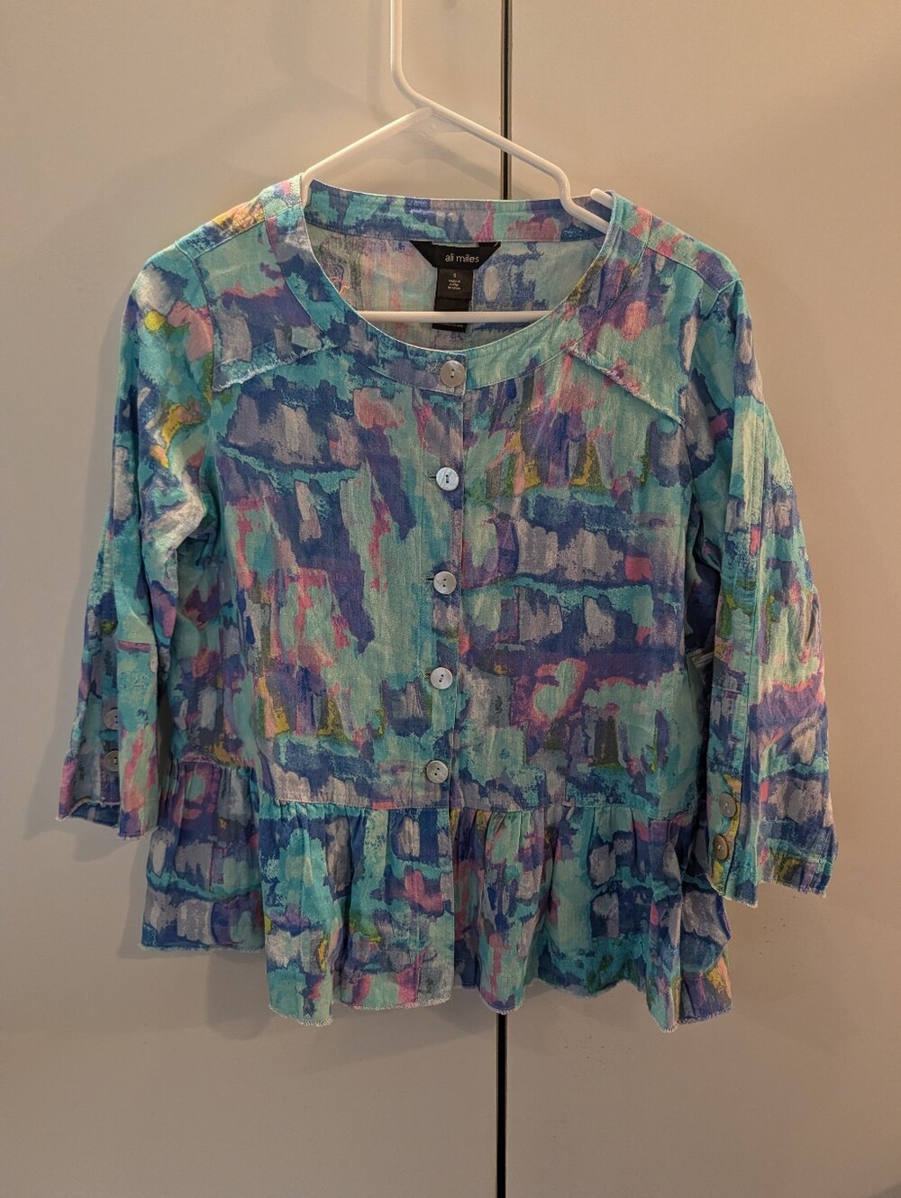 Ali Miles Size Small Teal Blue Multi-Color Button Front Peplum Blouse NWT